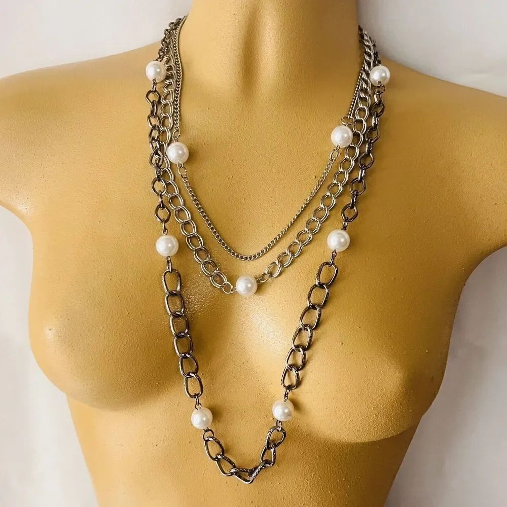 Silver Tone Multistrand Layered Chain Necklace Bib Statement Faux Pearl 4527